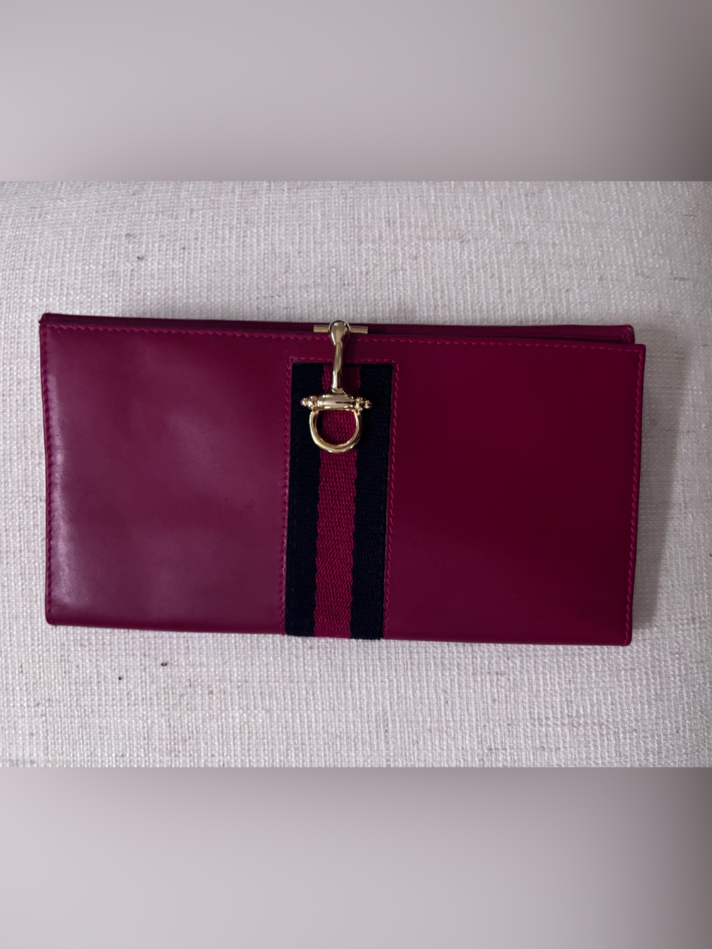 Red Italian Leather Clutch Wallet with Striped Webbing and Gold Tone Hardware